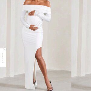 Kaylee White Ruched Strapless Long-Sleeved Split Maternity Maxi Dress